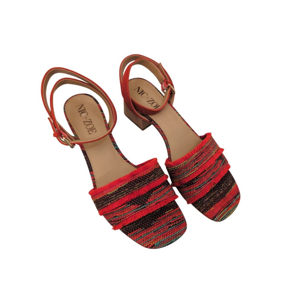 NIC+ZOE Zaria Fringed Canvas Heeled Sandals Size 8.5M Red Black Multicolor - Picture 2 of 6
